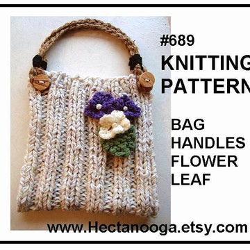 689P - Knitted Purse Handbag, Handles, Flower, and Leaf