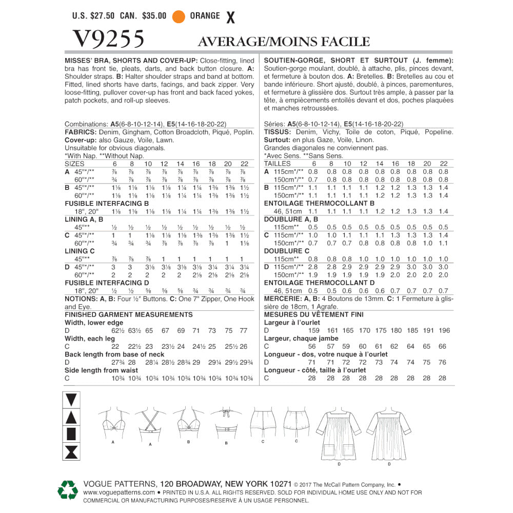 Vogue Misses' Lined Halter Bra and Shorts, and Square-Neck Coverup with Pockets V9255 - Sewing Pattern