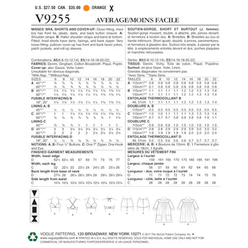Vogue Misses' Lined Halter Bra and Shorts, and Square-Neck Coverup with Pockets V9255 - Sewing Pattern