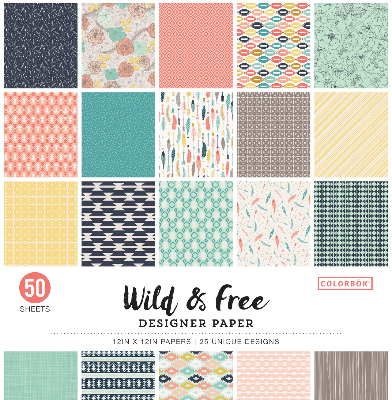 American Crafts Colorbok 68lb Designer Single-Sided Paper 12"X12" 50/Pkg - Wild & Free, 25 Designs/2 Each