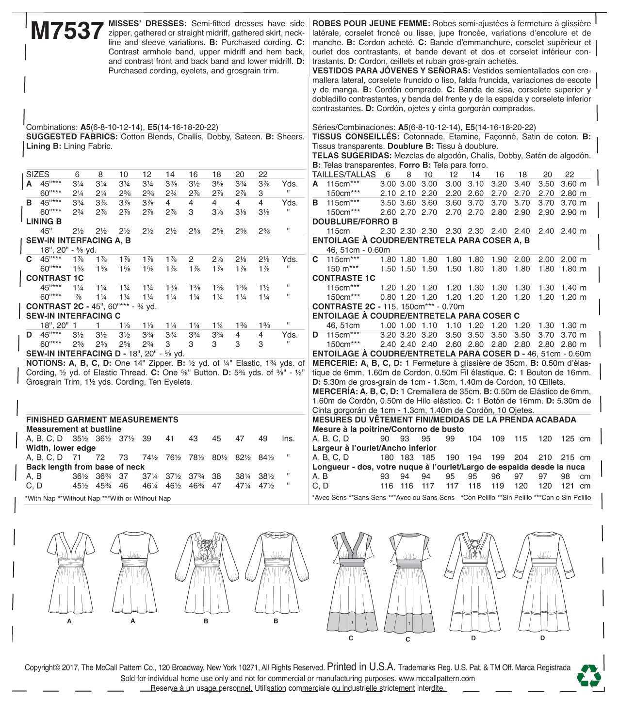 McCall's Misses' Banded, Gathered-Waist Dresses M7537 - Sewing Pattern