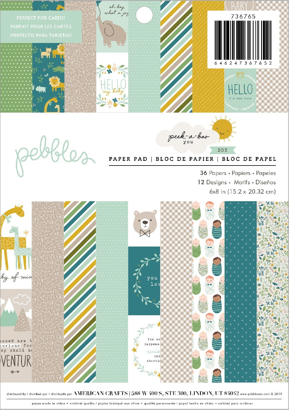 American Crafts Pebbles Single-Sided Paper Pad 6"X8" 36/Pkg - Peek-A-Boo You Boy, 12 Designs/3 Each