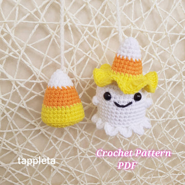 Ghost with Candy corn crochet car charm pattern, Candy corn crochet pattern, Candy corn ghost car rearview mirror hanging, Halloween crochet