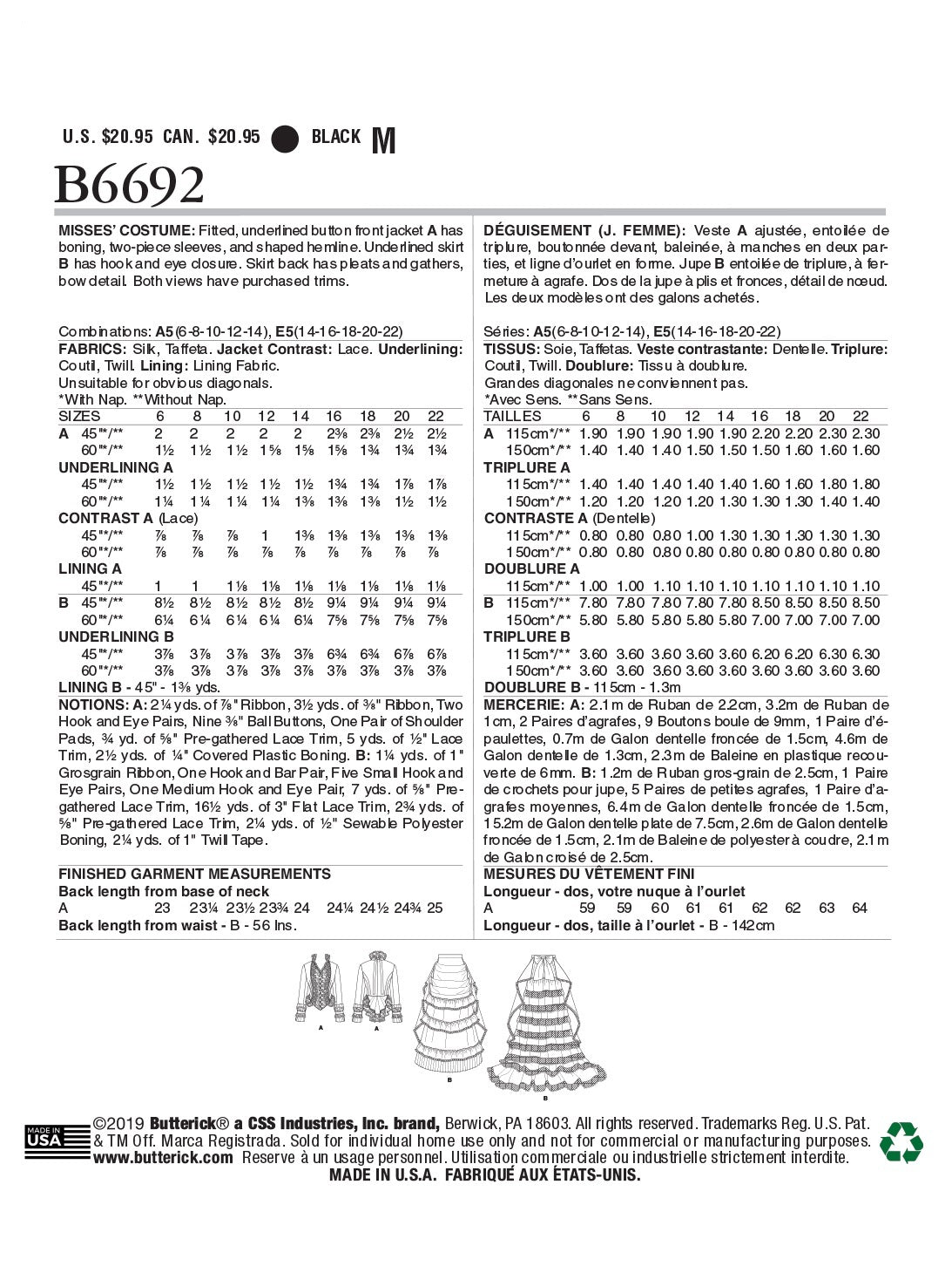Butterick Misses' Costume B6692 - Sewing Pattern