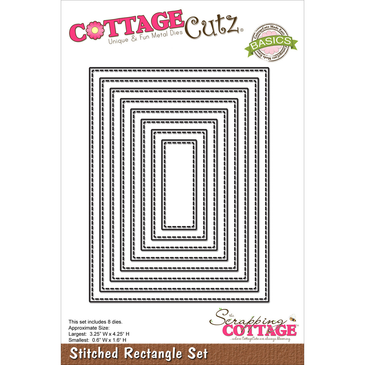 CottageCutz Basics Dies 8/Pkg - Stitched Rectangle, .6" To 4.25"