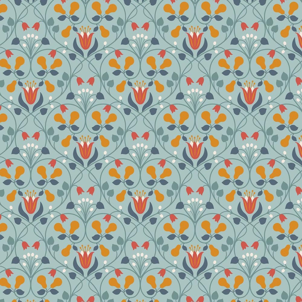 Lewis & Irene Wintertide - Floral Pear Copper Metallic on light blue