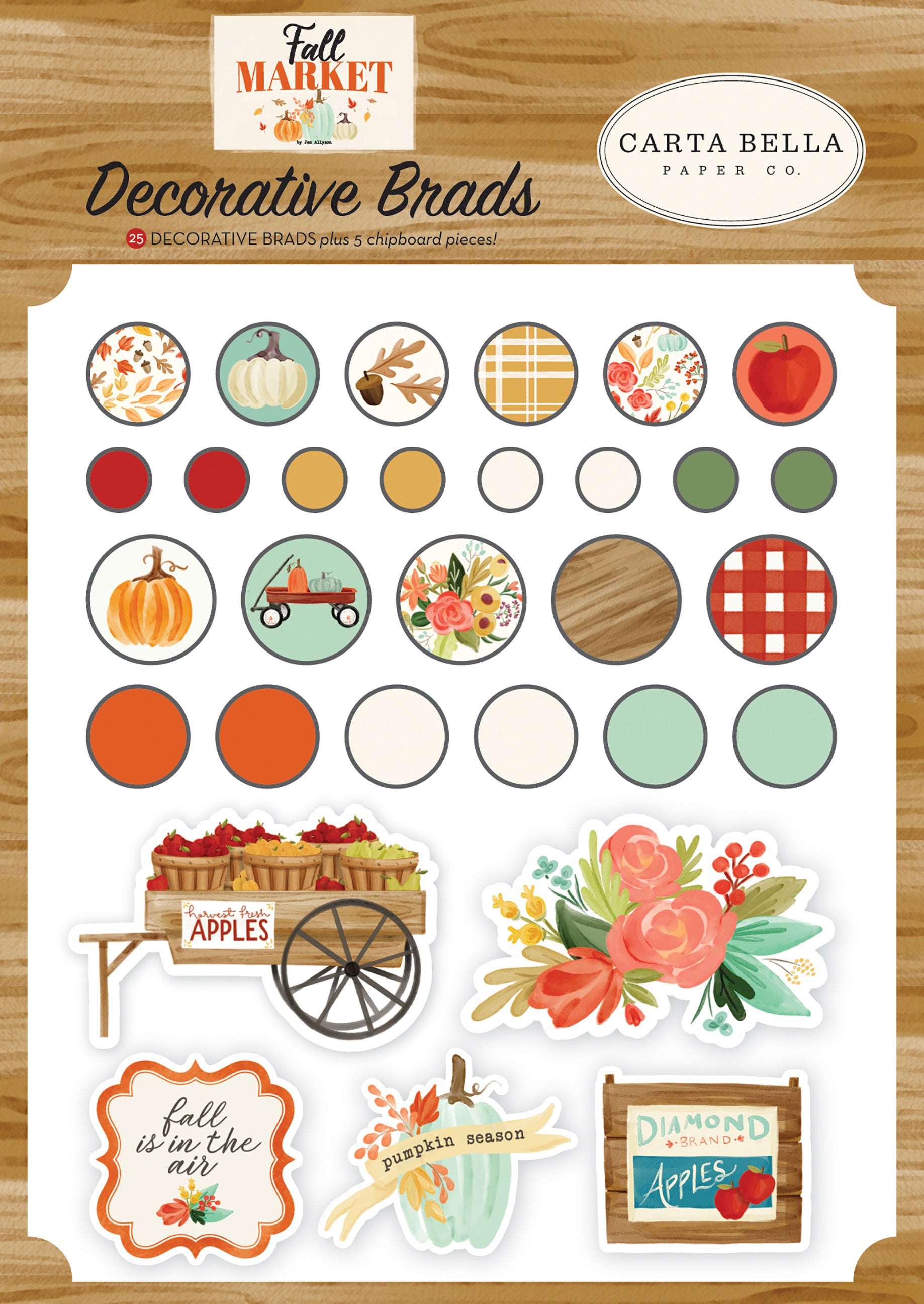 Echo Park Paper Carta Bella Decorative Brads - Fall Market, 25/Pkg + 5 Chipboard