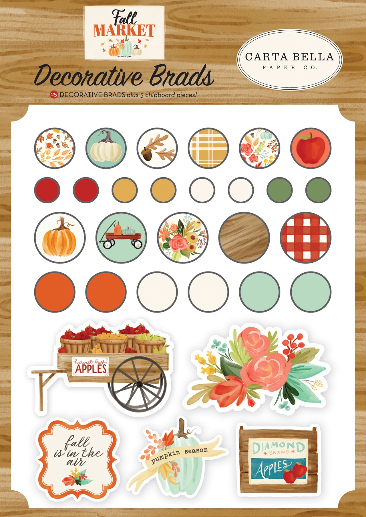 Echo Park Paper Carta Bella Decorative Brads - Fall Market, 25/Pkg + 5 Chipboard