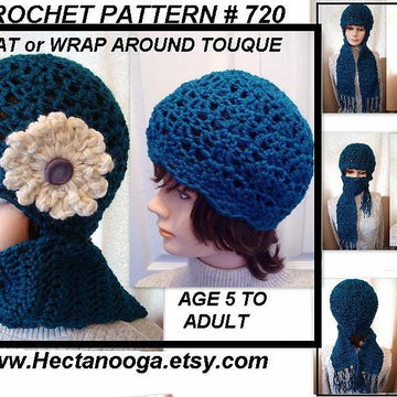 720 TEAL HAT OR WRAP AROUND TOQUE, Crochet Pattern, child and adult