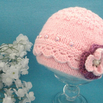 Knitted Baby Girl Hat with Crochet edging and Flower