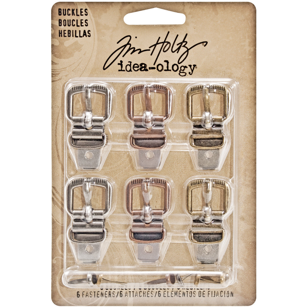 Advantus Idea-Ology Metal Buckles W/Brads 1.5" 6/Pkg - Antique Nickel, Brass & Copper