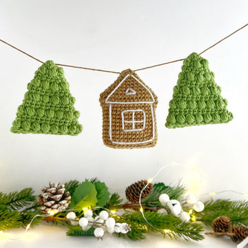 Christmas crochet garland no sew pattern Gingerbread house and  mini Christmas tree decorations Amigurumi pattern ornament