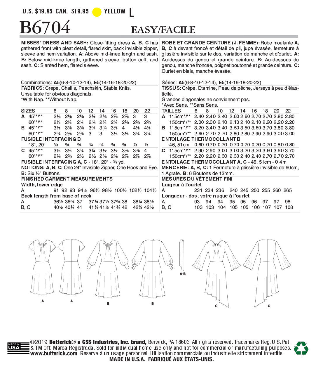 Butterick Misses' Dress & Sash B6704 - Sewing Pattern