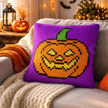 Pumpkin Pillow All Saints' Eve Orange Halloween Cushion Diagonal Crochet Pattern Mini-C2C