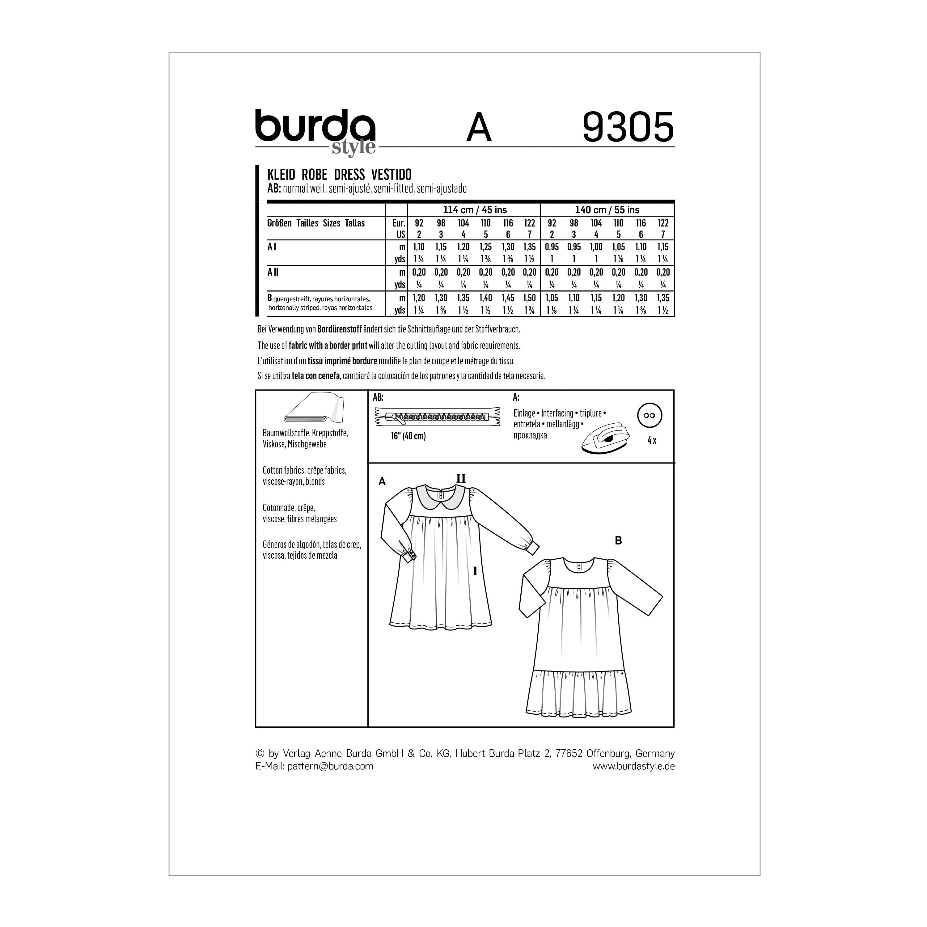 Burda Style Children's Dress with Yoke – Peter Pan Collar – Hem Frill 9305 - Paper Pattern, Size 2-7