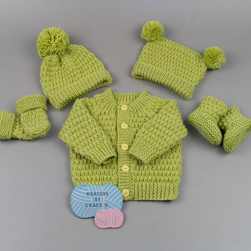 Calum Unisex Baby Knitting Pattern cardigan,hats, mitts and booties hats