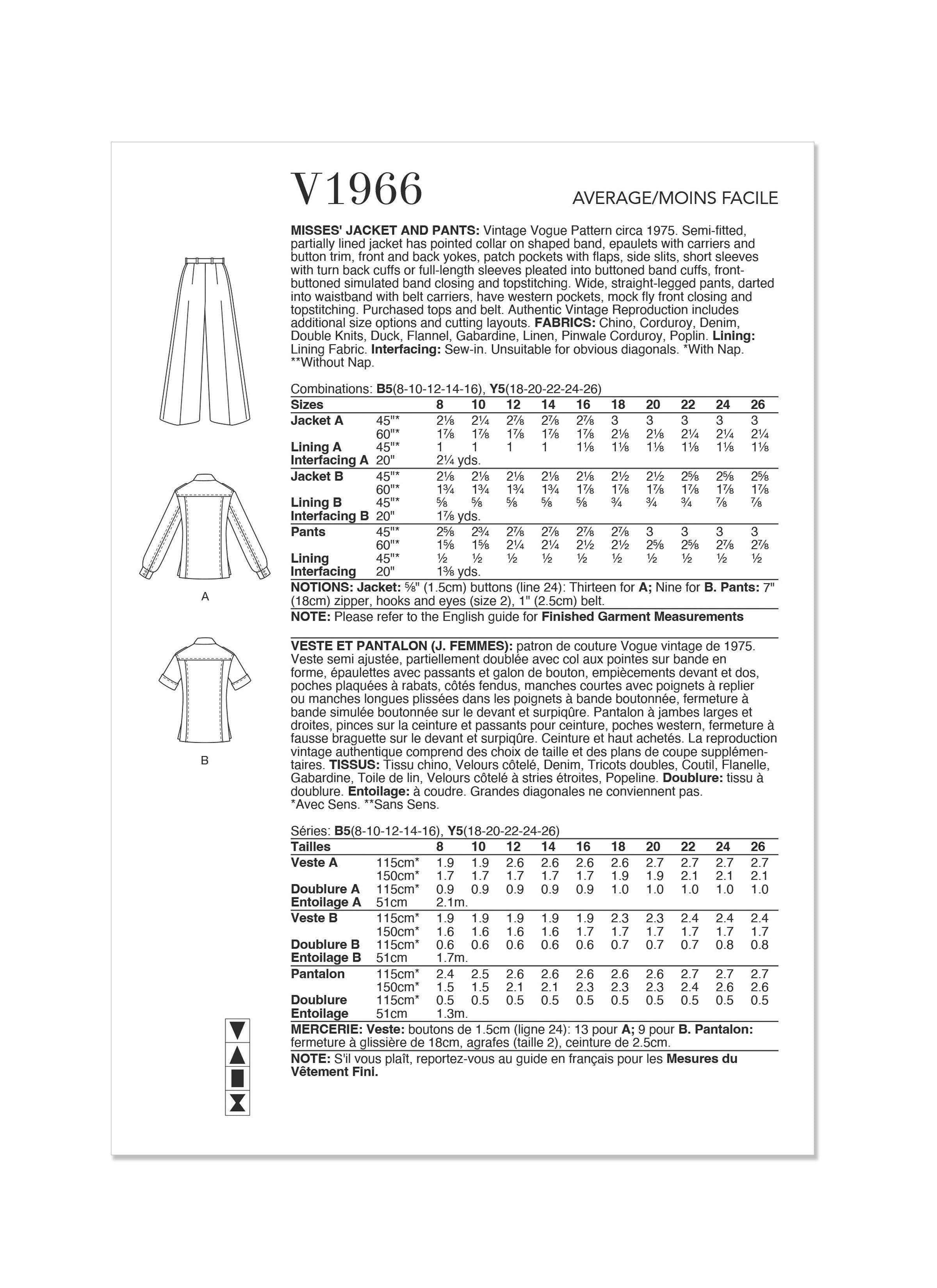 Vogue Sewing Misses' Jacket and Pants V1966 - Sewing Pattern