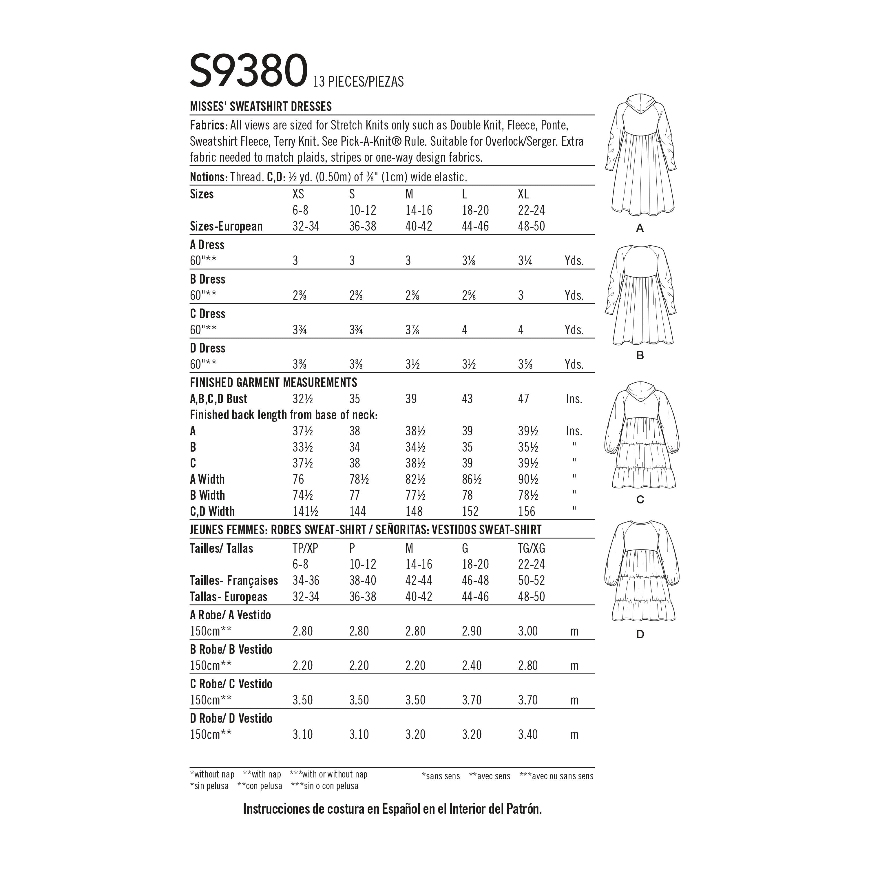 Simplicity Misses' Sweatshirt Dresses S9380 - Sewing Pattern