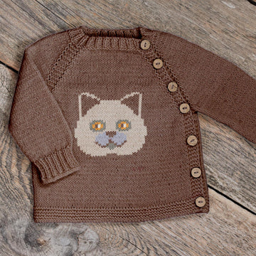 Cat Knit kids jacket Knitting Pattern, British Shorthair Face motif