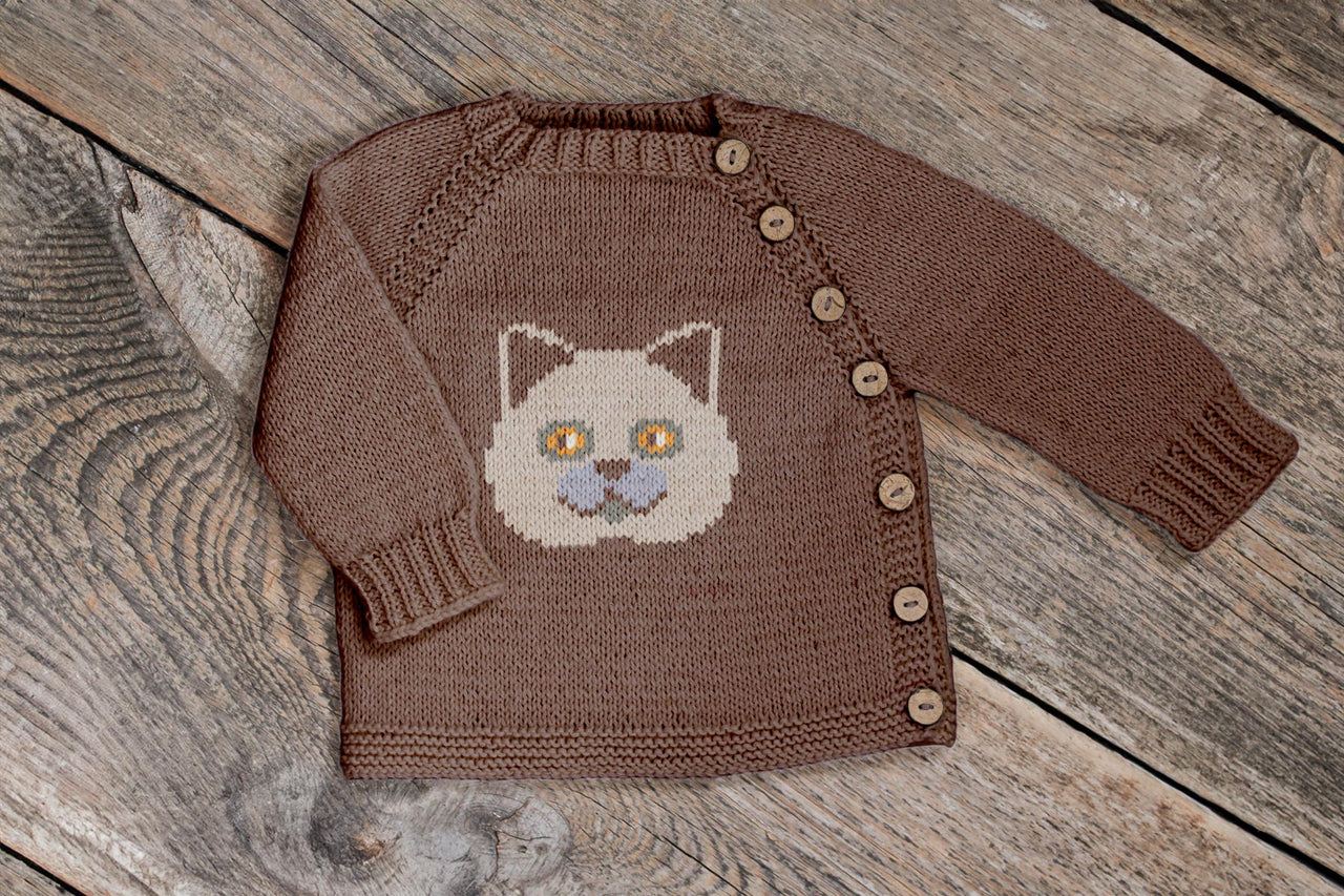 Cat Knit kids jacket Knitting Pattern, British Shorthair Face motif