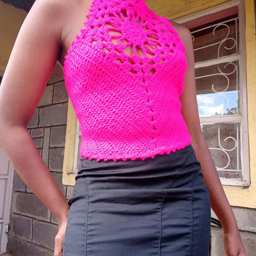 Crochet Halter top- Pink Flower flare halter top