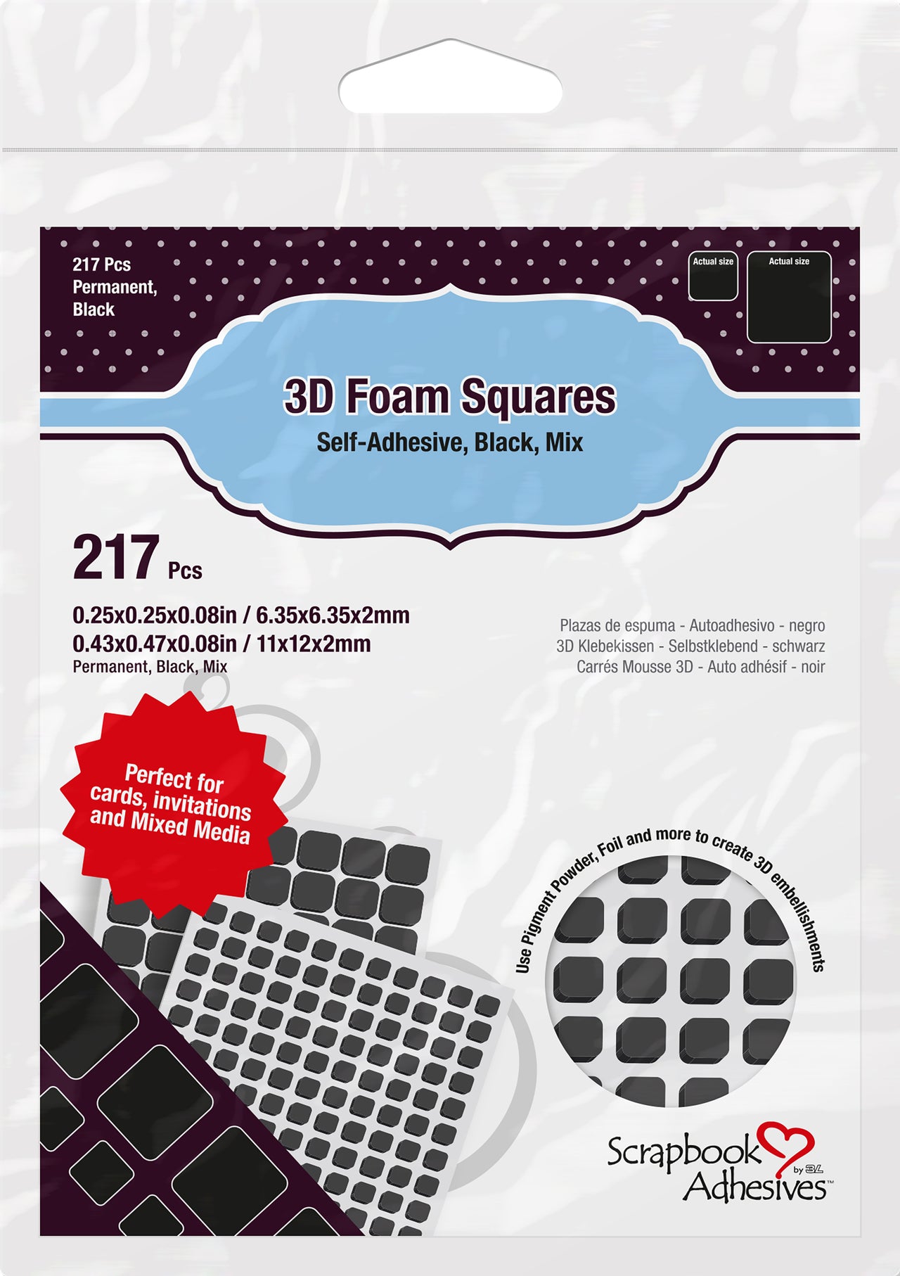3L Scrapbook Adhesives 3D Foam Squares Variety Pack 217/Pkg - Black (63) .5"X.5", (154) .25"X.25"