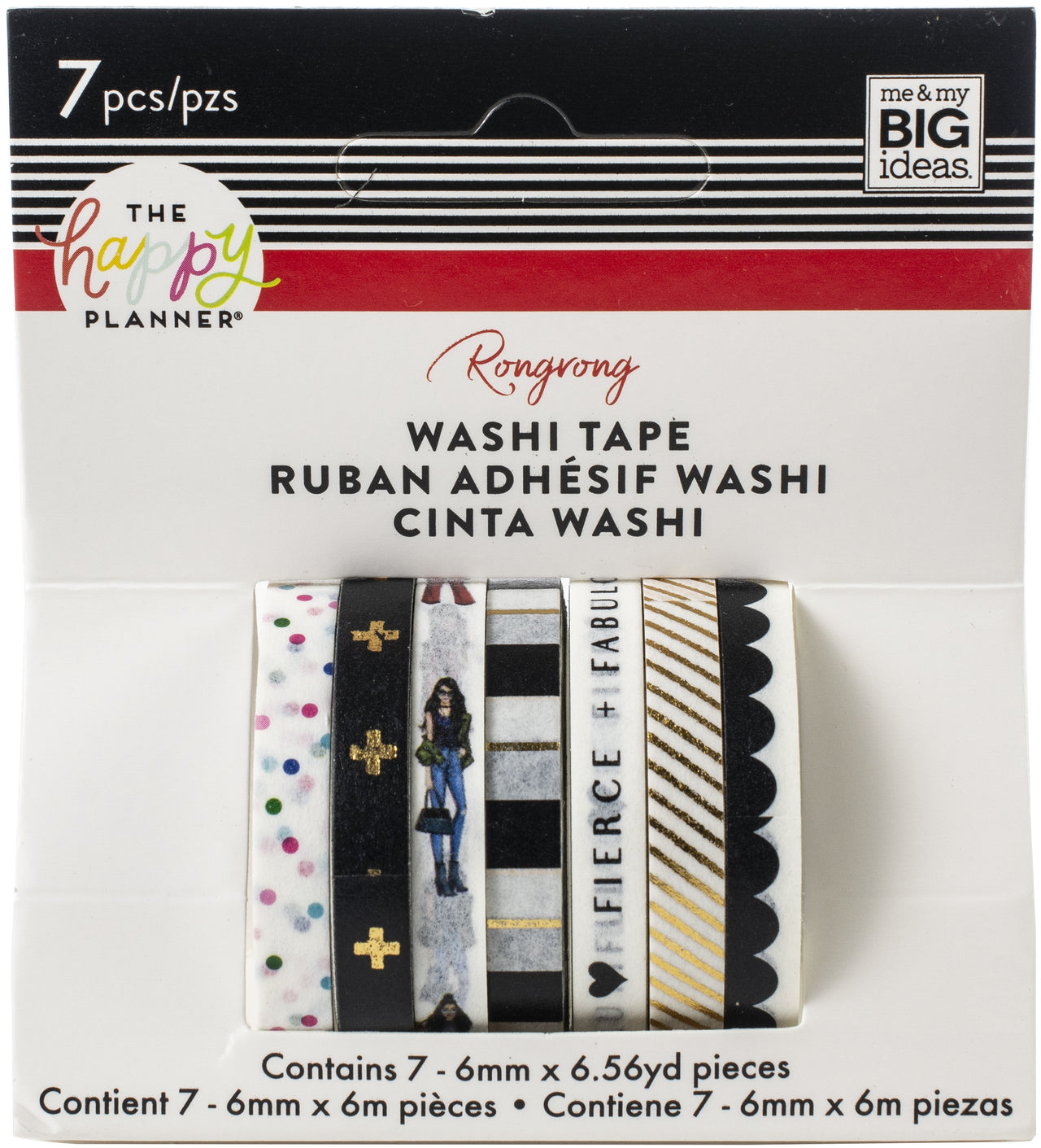 The Happy Planner X Rongrong Skinny Washi Tape 7/Pkg - Black & White