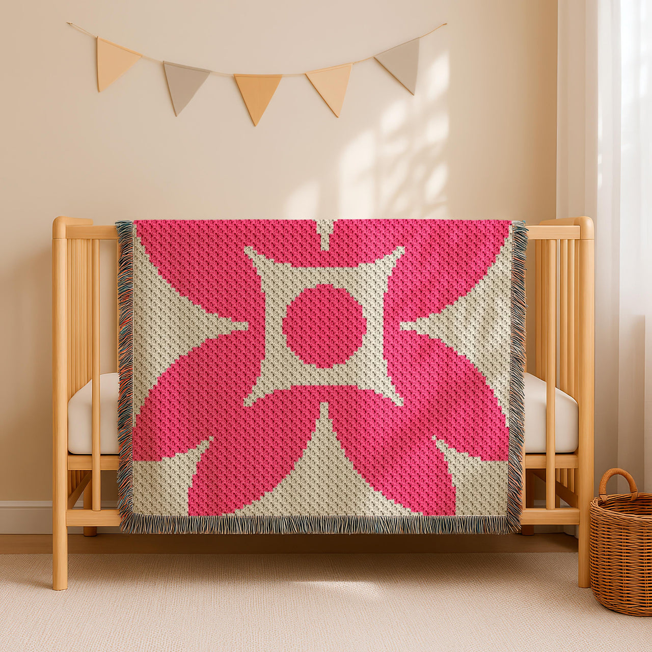 Pink Flower Beige Abstract Blanket Botanical Home Decor C2C Crochet PATTERN