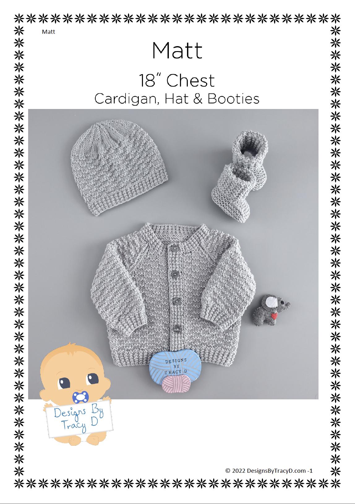 Matt Cardigan, hat & booties 18 inch chest 0-3mths