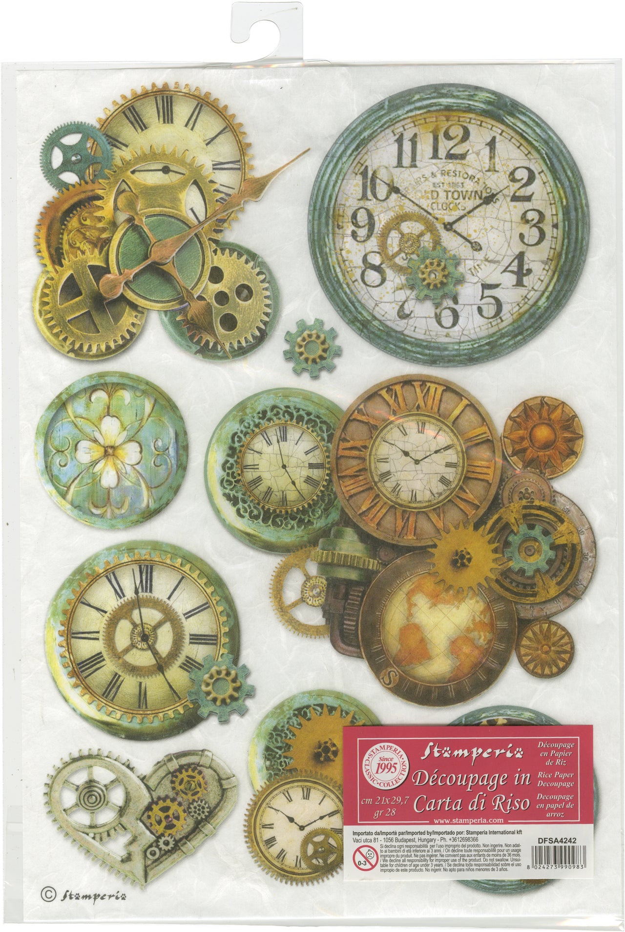 Stamperia Intl Stamperia Rice Paper Sheet A4 - Gear Wheels & Clock