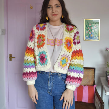 Aran granny squares and stripes cardigan