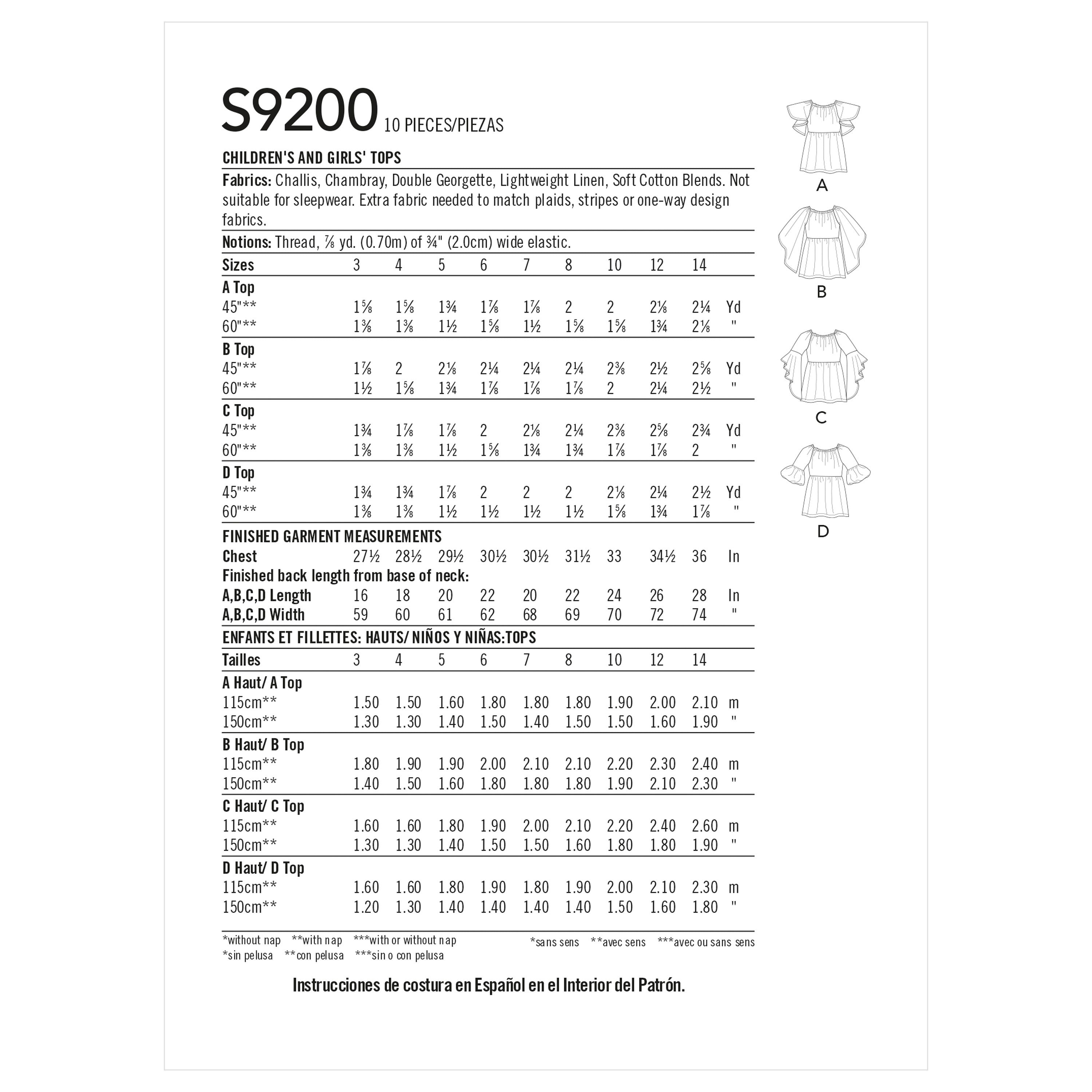 Simplicity Children's & Girls' Tops S9200 - Sewing Pattern