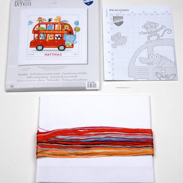 Vervaco Safari Bus Birth Sampler Cross Stitch Kit - 28cm x 28cm