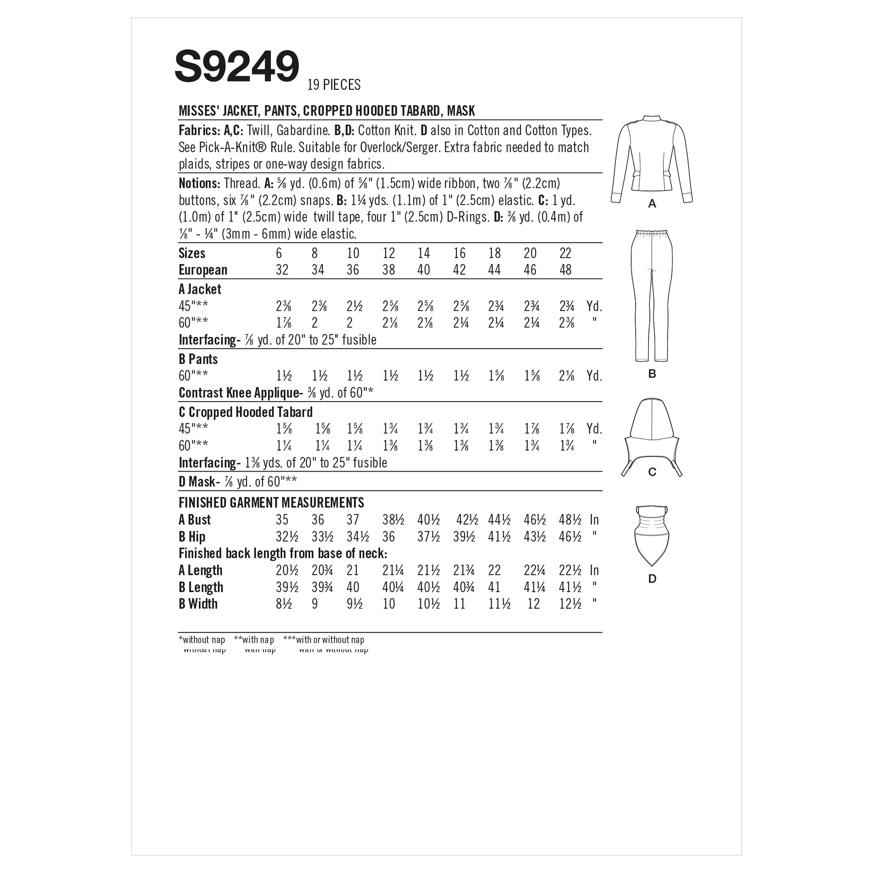 Simplicity Misses' Jacket, Pants, Cropped Hooded Tabard, Mask S9249 - Sewing Pattern