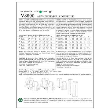 Vogue Men's Jacket, Shorts, and Pants V8890 - Sewing Pattern