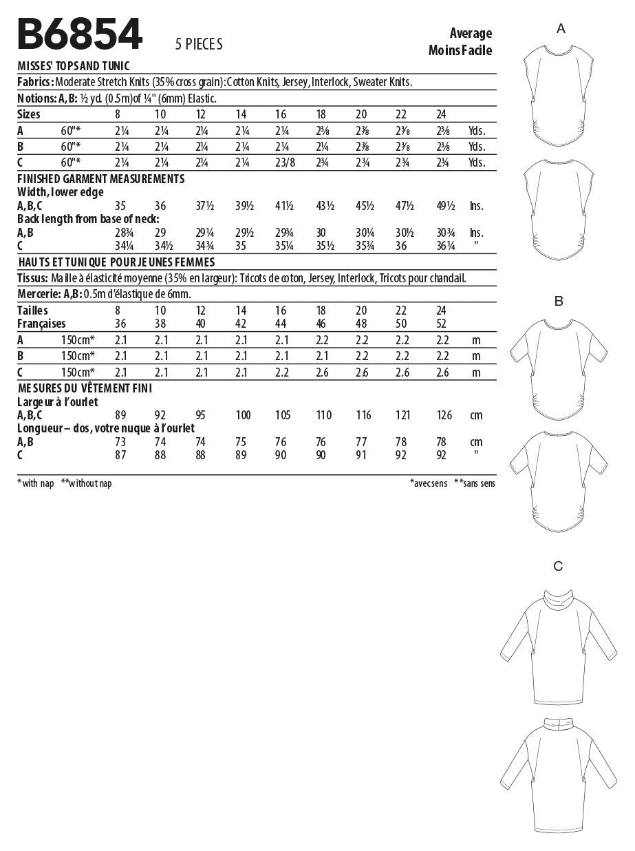 Butterick Misses' Tops & Tunic B6854 - Sewing Pattern