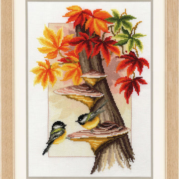 Vervaco Chickadees Between Leaves Cross Stitch Kit - 26 x 37 cm