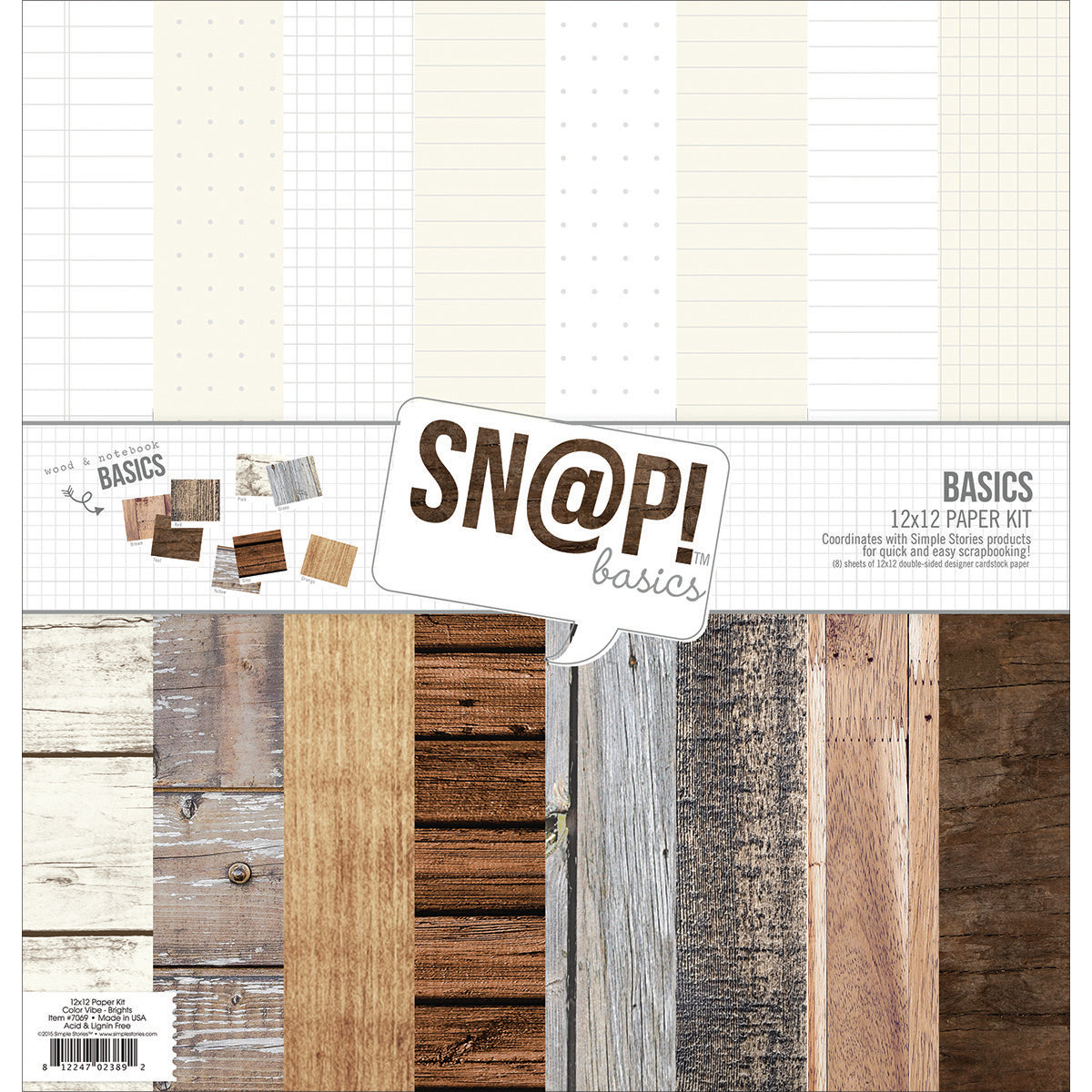 Simple Stories Double-Sided Paper Pack 12"X12" 8/Pkg - Sn@p! Wood & Notebook Basics, 8 Des/1 Ea