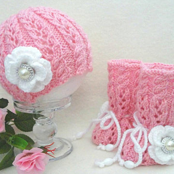 Knitted Baby Set with Crochet Flowers by Elena Mitchell Booties and Hat