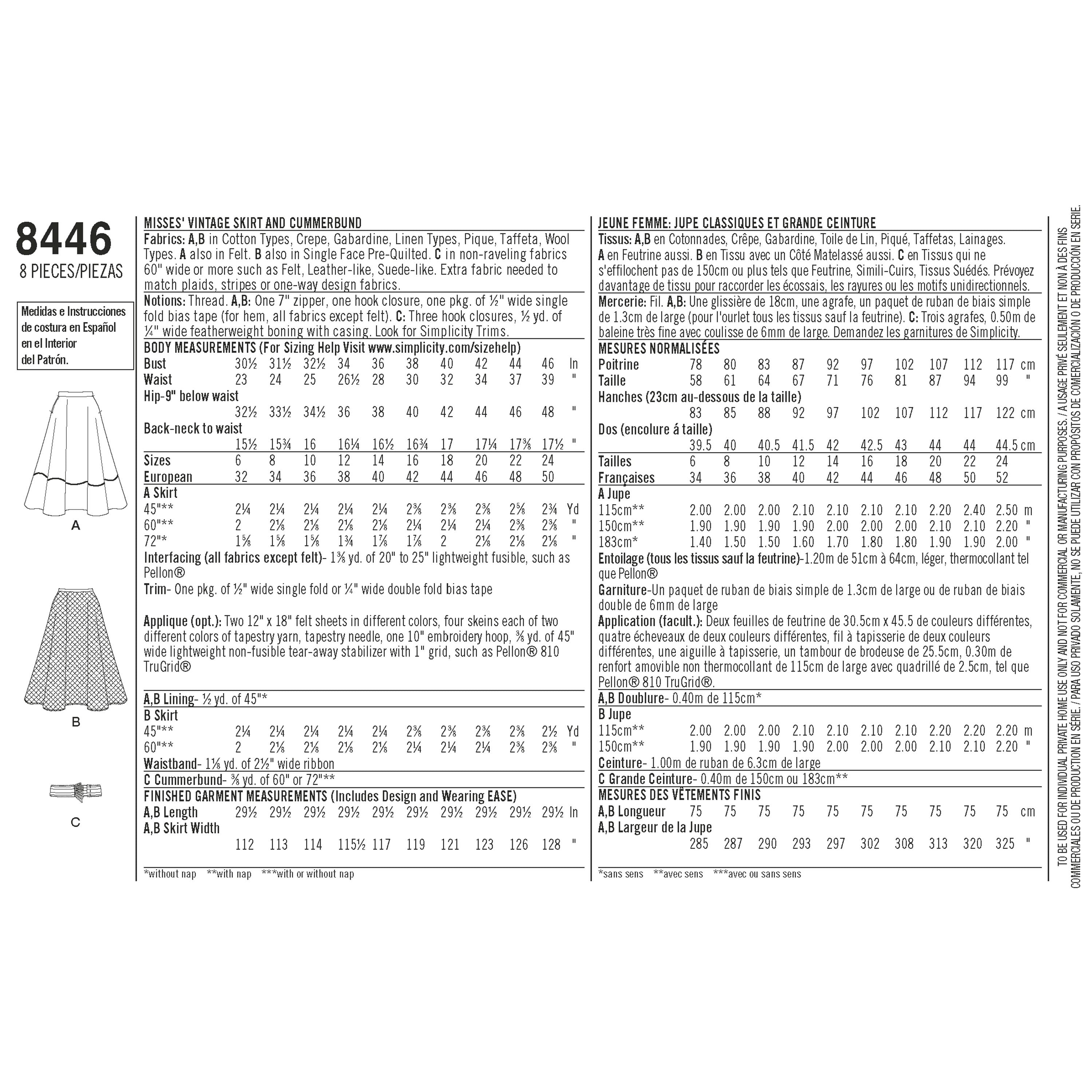 Simplicity Pattern 8446 Women's Vintage Skirt and Cummerbund 8446 - Sewing Pattern