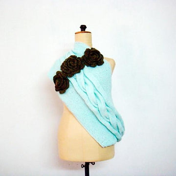 Mint Cabled Cowl with Flowers