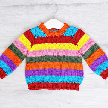Baby Rainbow stripe top down jumper PDF knitting pattern, 0-2 years