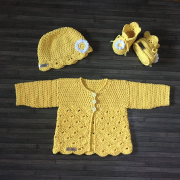 Daisy Baby Cardigan Hat and Booties Set