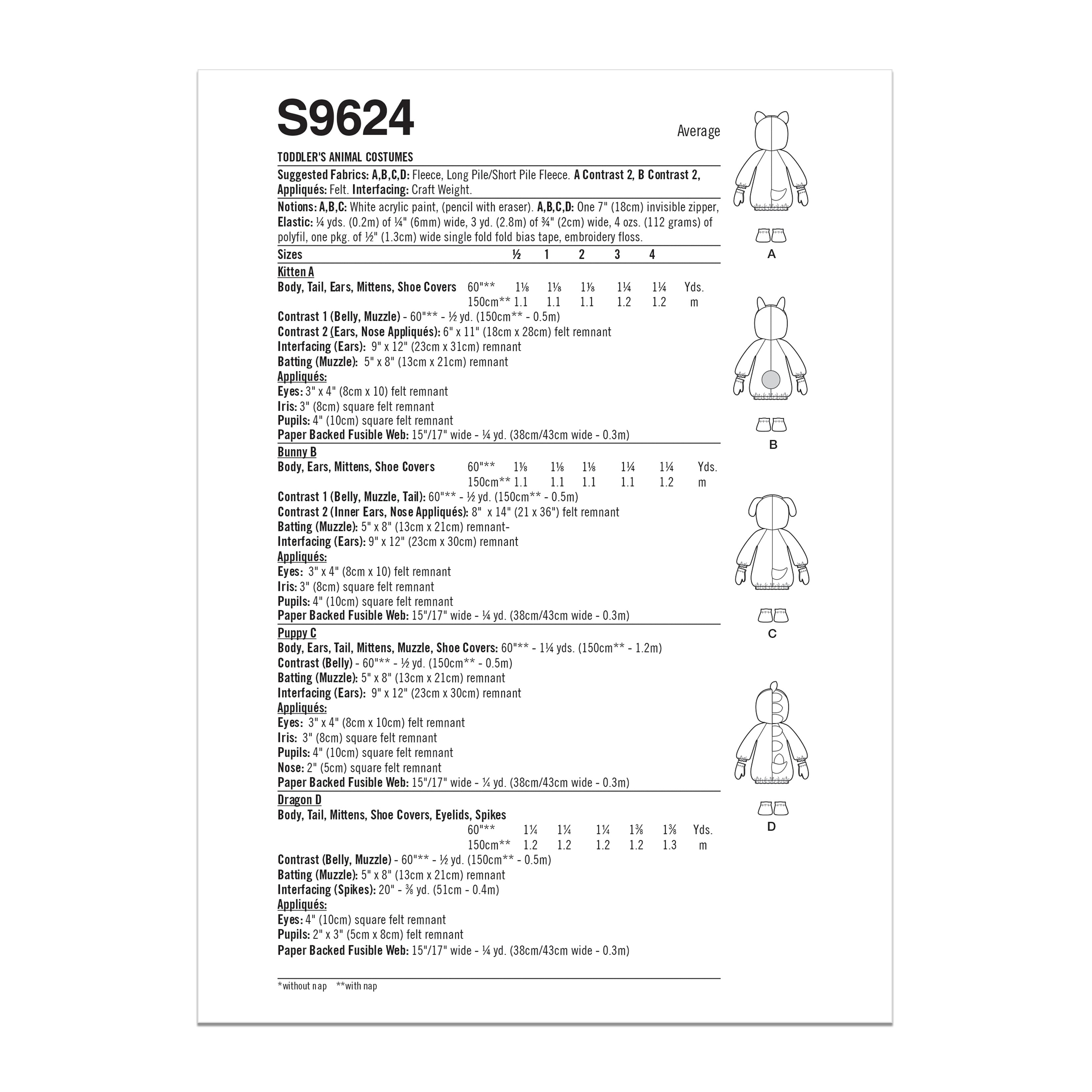 Simplicity Toddlers' Animal Costumes S9624 - Sewing Pattern