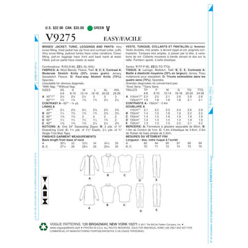 Vogue Misses' Lined Zip Jacket, Knit Tunic, Leggings, and Pants V9275 - Sewing Pattern