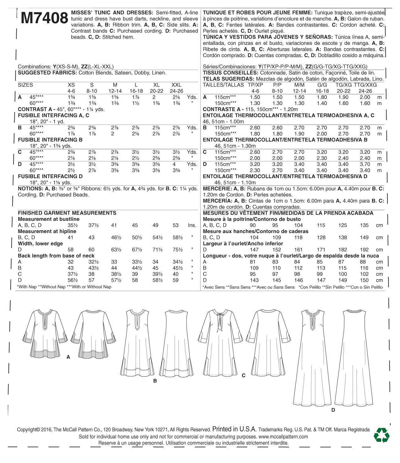 McCall's Misses' Tunic and Dresses M7408 - Sewing Pattern