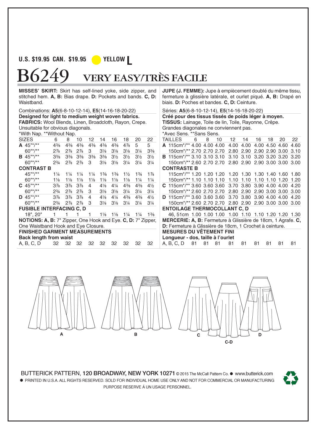 Butterick Misses' Skirt B6249 - Sewing Pattern