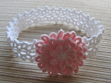 White Lacy Crochet Headband with a Pink Flower