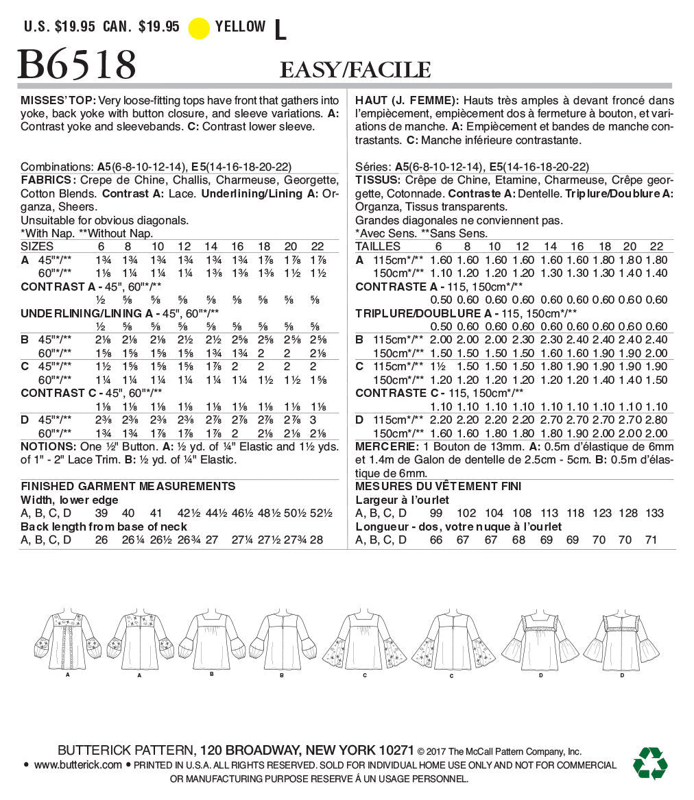 Butterick Misses' Square-Neck Top with Yoke B6518 - Sewing Pattern