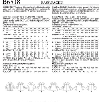 Butterick Misses' Square-Neck Top with Yoke B6518 - Sewing Pattern